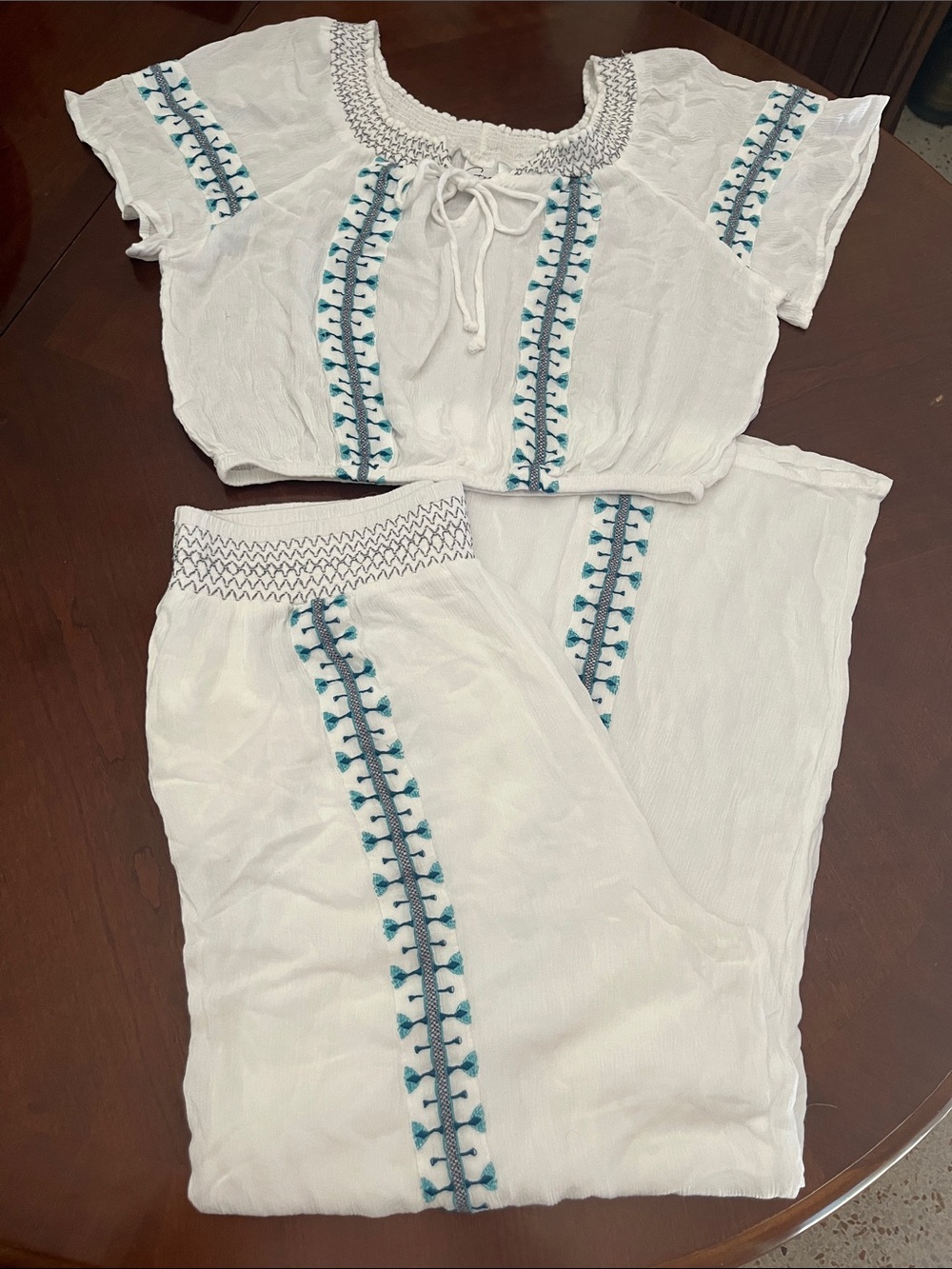 Swim Coverup White Cotton Embroidered 2 Piece Set with Teal Accents